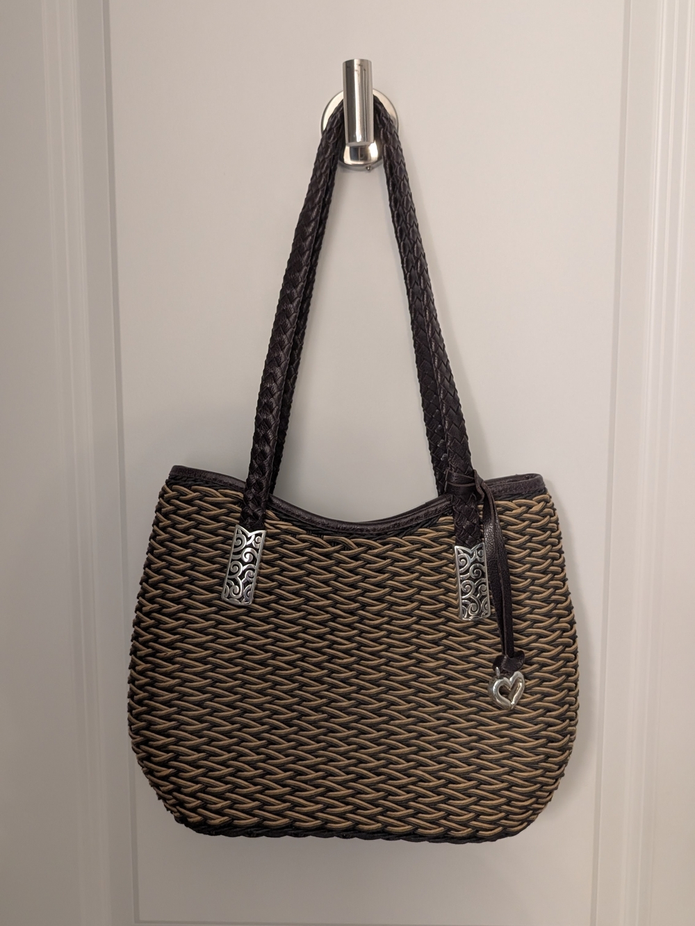 Brighton Tan Woven Tote with Dark Brown Trim & Heart Charm